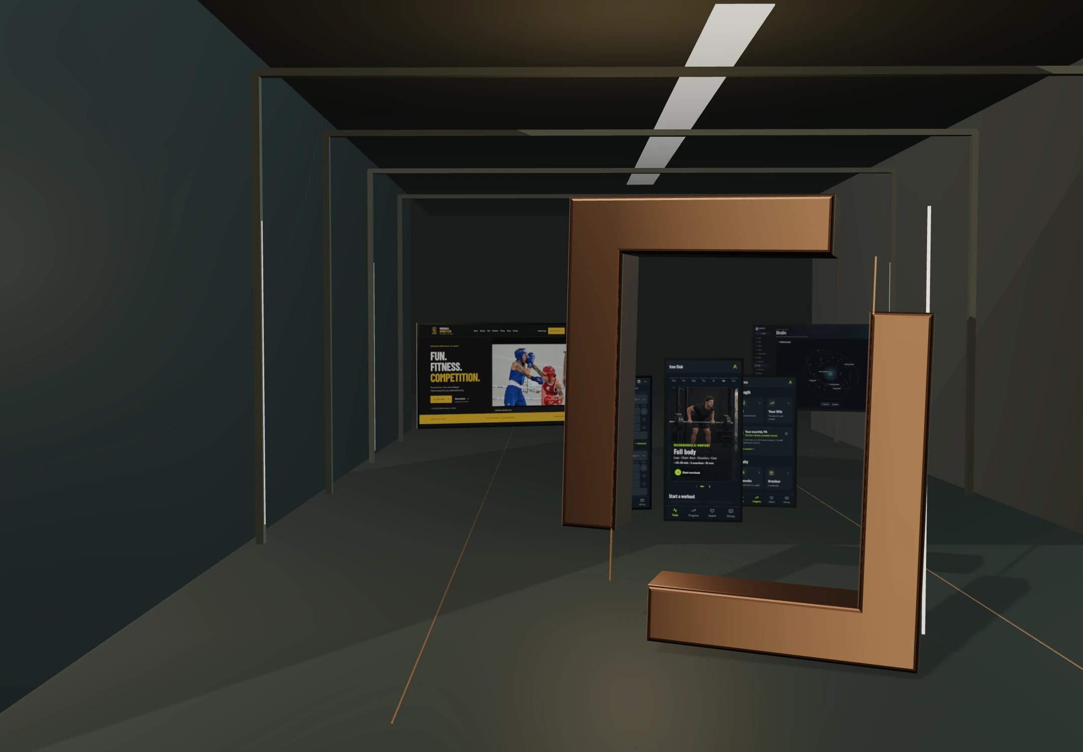 Two sculpted copper corners frame a luminous gallery with actual WellTech project screens.