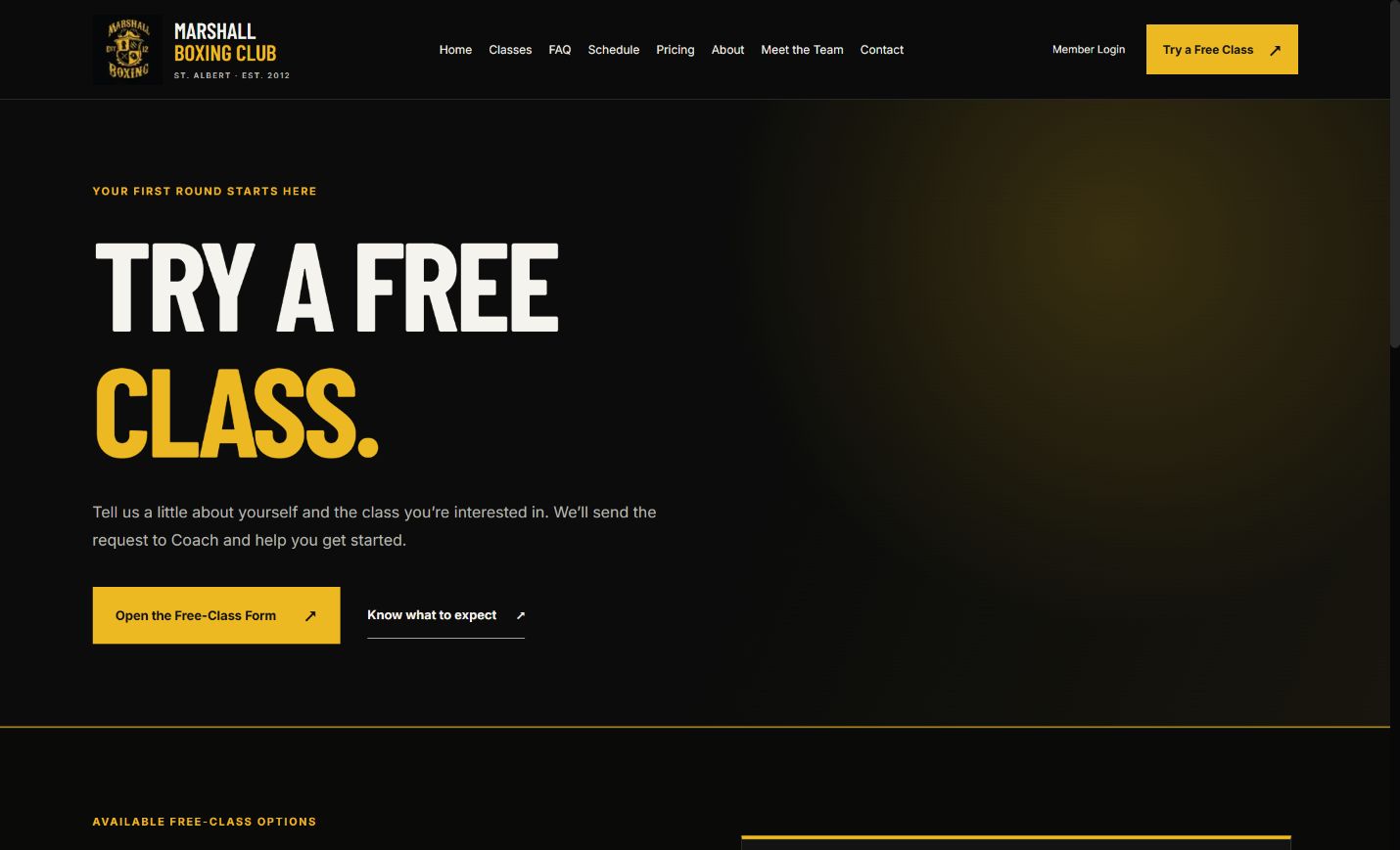 Actual Marshall Boxing first-class invitation and booking page.